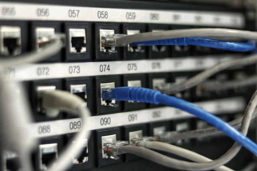 Patch panel with blue network cables